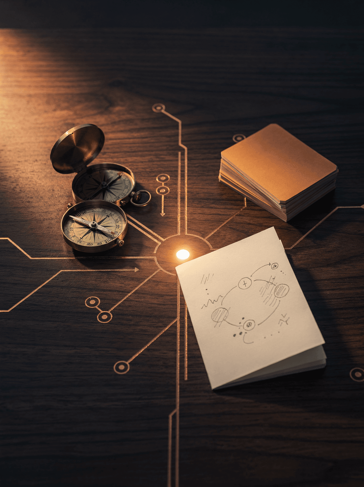 Bússola e caderno com diagrama de método, conectados por um circuito gravado na mesa, símbolo de critério e prioridade